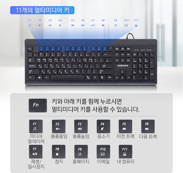 좌측에는 키보드 탑뷰 이미지와 F1부터 F11까지를 확대해 11개의 멀티미디어 키 라고 표기하고 있으며, 우측에는 Fn 키와 아래 키를 함께 누르시면 멀티미디어 키를 사용할 수 있습니다. 라는 안내 문구와 함께 F1 미디어 플레이어, F2 볼륨 줄임, F3 볼륨 높임, F4 음소거, F5 이전 트랙, F6 다음 트랙, F7 재생/일시정지, F8 정지, F9 홈페이지, F10 이메일, F11 내 컴퓨터라는 각 키의 정확한 기능을 안내하고 있는 이미지