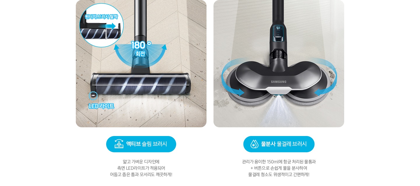 왼쪽부터 제트의 전용 브러시가 각 각의 네모 칸 안에 나열되어 있습니다. 가장 첫 번째는 헤링 본 패턴 마루 위 부스러기를 청소 중인 액티브 슬림 브러시가 확대되어 놓여있고, 브러시의 가장 가운데 LED 라이트는 on 상태로 파란색 점선으로 LED 라이트 위치 표시와 문구가 함께 적혀 있습니다. 브러시와 스틱을 연결하는 부분에는 180˚ 회전 글자와 함께 움직임이 가능하다는 표현을 파란색 화살표를 통해 나타내고 있습니다. 브러시 칸 왼쪽 상단에는 원형으로 내부 융 브러시 탈착 방법을 확대하여 나타내고 있고, 원터치 브러시 탈착이라는 문구와 함께 브러시 탈착 방향을 파란색 화살표로 나타내고 있습니다. 브러시 칸 아래에는 파란색 바탕 위에 액티브 슬림 브러시 아이콘과 액티브 슬림 브러시 문구가 적혀 있습니다. 그 아래 얇고 가벼운 디자인에 측면 LED 라이트가 적용되어 어둡고 좁은 틈과 모서리도 깨끗하게!라는 설명 이 적혀 있습니다. 두 번째 박스에는 회색의 바닥 위를 청소 중인 물분사 물걸레 브러시가 놓여있습니다. 청소기가 지나 온 영역은 진한 회색으로 표현되어 있고 최전 중인 좌, 우 브러시의 방향은 파란색 화살표를 통해 나타내고 있습니다. 브러시 가장 앞쪽 가운데에서 물이 분사 중인 모습이 함께 나타나 있으며, 브러시 칸 아래에는 파란색 바탕 위에 물을 표현하는 물방울 아이콘과 물분사 물걸레 브러시 문구가 적여 있습니다. 그 아래 관리가 용이 간 150ml에 항균 처리된 물통과 + 버튼으로 손쉽게 물을 분사하여 물걸레 청소도 위생적이고 간편하게!라는 설명이 적혀 있습니다