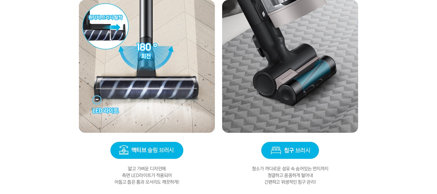왼쪽부터 제트의 전용 브러시가 각 각의 네모 칸 안에 나열되어 있습니다. 가장 첫 번째는 헤링 본 패턴 마루 위 부스러기를 청소 중인 액티브 슬림 브러시가 확대되어 놓여있고, 브러시의 가장 가운데 LED 라이트는 on 상태로 파란색 점선으로 LED 라이트 위치 표시와 문구가 함께 적혀 있습니다. 브러시와 스틱을 연결하는 부분에는 180˚ 회전 글자와 함께 움직임이 가능하다는 표현을 파란색 화살표를 통해 나타내고 있습니다. 브러시 칸 왼쪽 상단에는 원형으로 내부 융 브러시 탈착 방법을 확대하여 나타내고 있고, 원터치 브러시 탈착이라는 문구와 함께 브러시 탈착 방향을 파란색 화살표로 나타내고 있습니다. 브러시 칸 아래에는 파란색 바탕 위에 액티브 슬림 브러시 아이콘과 액티브 슬림 브러시 문구가 적혀 있습니다. 그 아래 얇고 가벼운 디자인에 측면 LED 라이트가 적용되어 어둡고 좁은 틈과 모서리도 깨끗하게!라는 설명 이 적혀 있습니다. 두 번째 박스에는 회색 삼각 무늬 침구 위를 청소 중인 침구 브러시 가 확대되어 나타나 있고, 브러시 칸 아래에는 파란색 바탕 위에 침대 모양의 아이콘과 침구 브러시가 적혀 있습니다. 그 아래 청소가 까다로운 섬유 속 숨어있는 먼지까지 청결하고 꼼꼼하게 털어내 간편하고 위생적인 침구 관리!라는 설명이 적혀 있습니다.