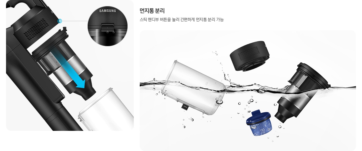 이미지 왼쪽 부분에는 먼지통을 분리하는 제트 핏의 옆모습이 확대되어 있고, 버튼 부분을 한 번 더 확대하여 먼지통 상단 부분에 표시되고 있습니다. 이미지 오른쪽 부분에는 깨끗한 물이 출렁이는 모습 안으로 제트 핏의 먼지통 부분이 분해되어 물 세척이 가능한 먼지통과 싸이클로, 모터 필터, 고성능 필터, 고성능 필터가 잠기고 있습니다.