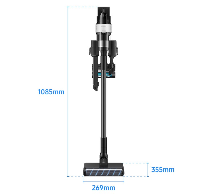 회색 사각 박스 가운데 제트 핏이 정면을 바라보고 서 있습니다. 최 하단에는 가로 길이 269mm, 세로 길이 355mm가 파란색 글자로 적혀있고 옆으로는 높이인 1085mm가 적혀 있습니다.