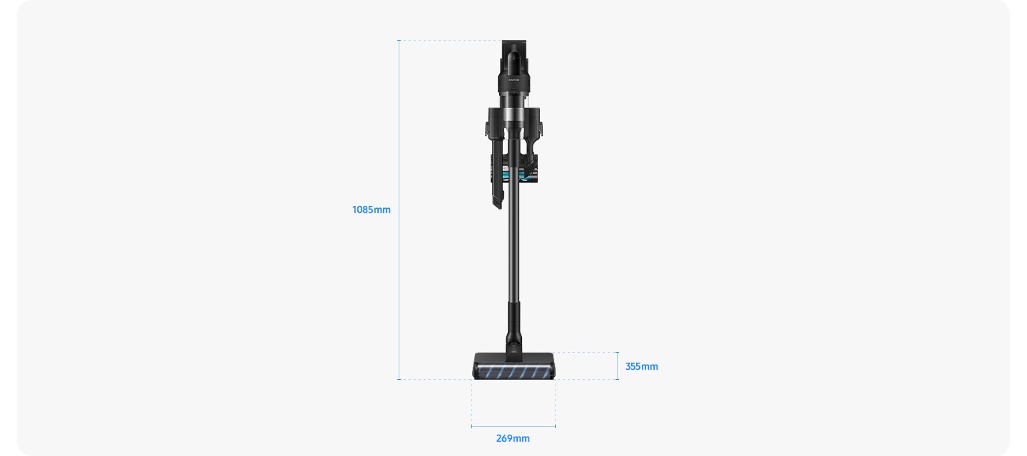 회색 사각 박스 가운데 제트 핏이 정면을 바라보고 서 있습니다. 최 하단에는 가로 길이 269mm, 세로 길이 355mm가 파란색 글자로 적혀있고 옆으로는 높이인 1085mm가 적혀 있습니다.