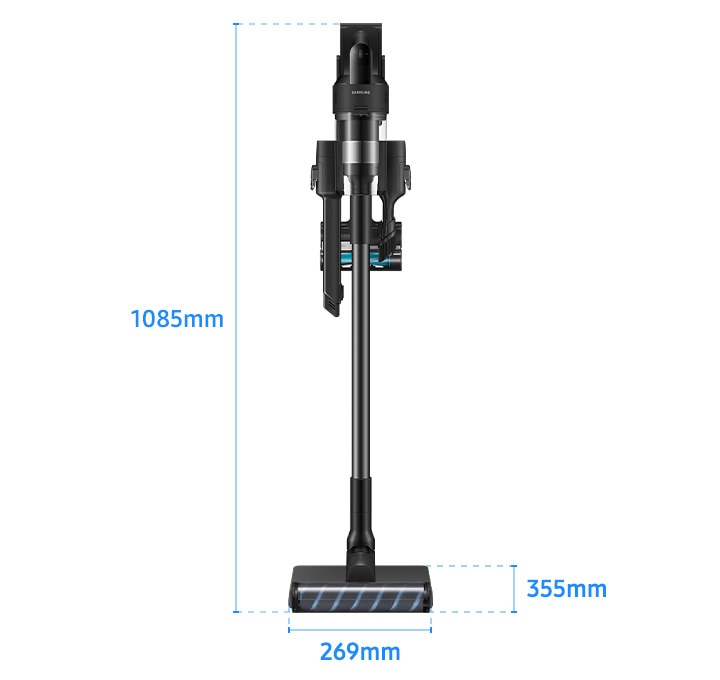회색 사각 박스 가운데 제트 핏이 정면을 바라보고 서 있습니다. 최 하단에는 가로 길이 269mm, 세로 길이 355mm가 파란색 글자로 적혀있고 옆으로는 높이인 1085mm가 적혀 있습니다.