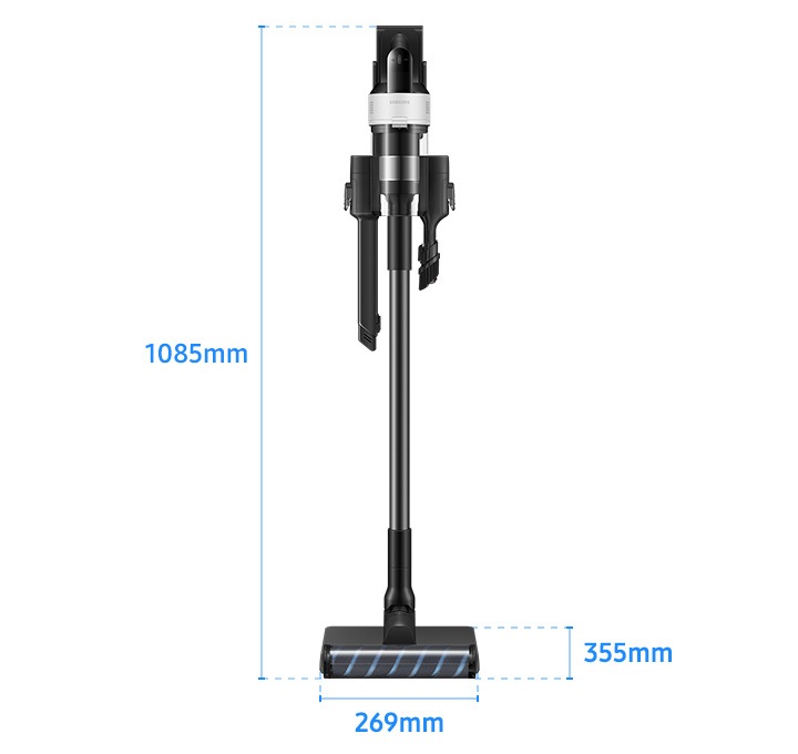 회색 사각 박스 가운데 제트 핏이 정면을 바라보고 서 있습니다. 최 하단에는 가로 길이 269mm, 세로 길이 355mm가 파란색 글자로 적혀있고 옆으로는 높이인 1085mm가 적혀 있습니다.
