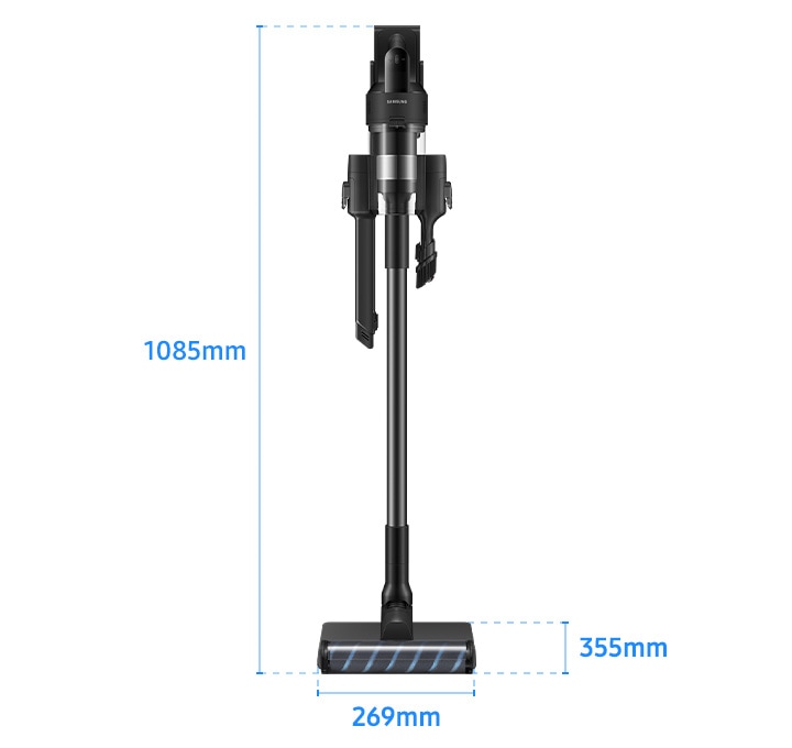 회색 사각 박스 가운데 제트 핏이 정면을 바라보고 서 있습니다. 최 하단에는 가로 길이 269mm, 세로 길이 355mm가 파란색 글자로 적혀있고 옆으로는 높이인 1085mm가 적혀 있습니다.