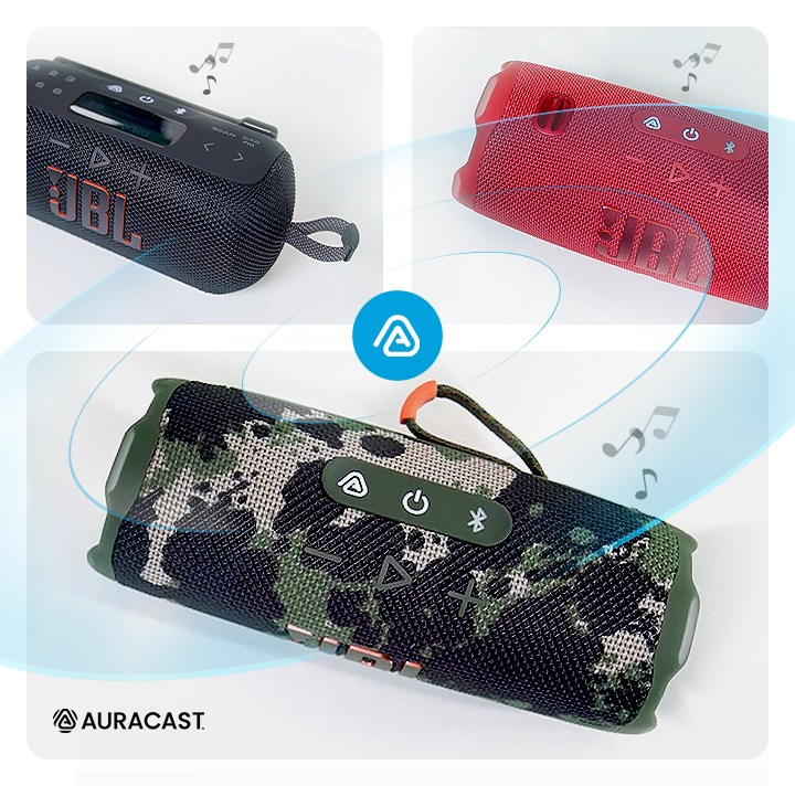 블랙 색상의 라디오 스피커와 레드 색상과 스피커와 스쿼드 색상의 JBL 스피커와 무선으로 연결된 모습을 표현하였습니다. 