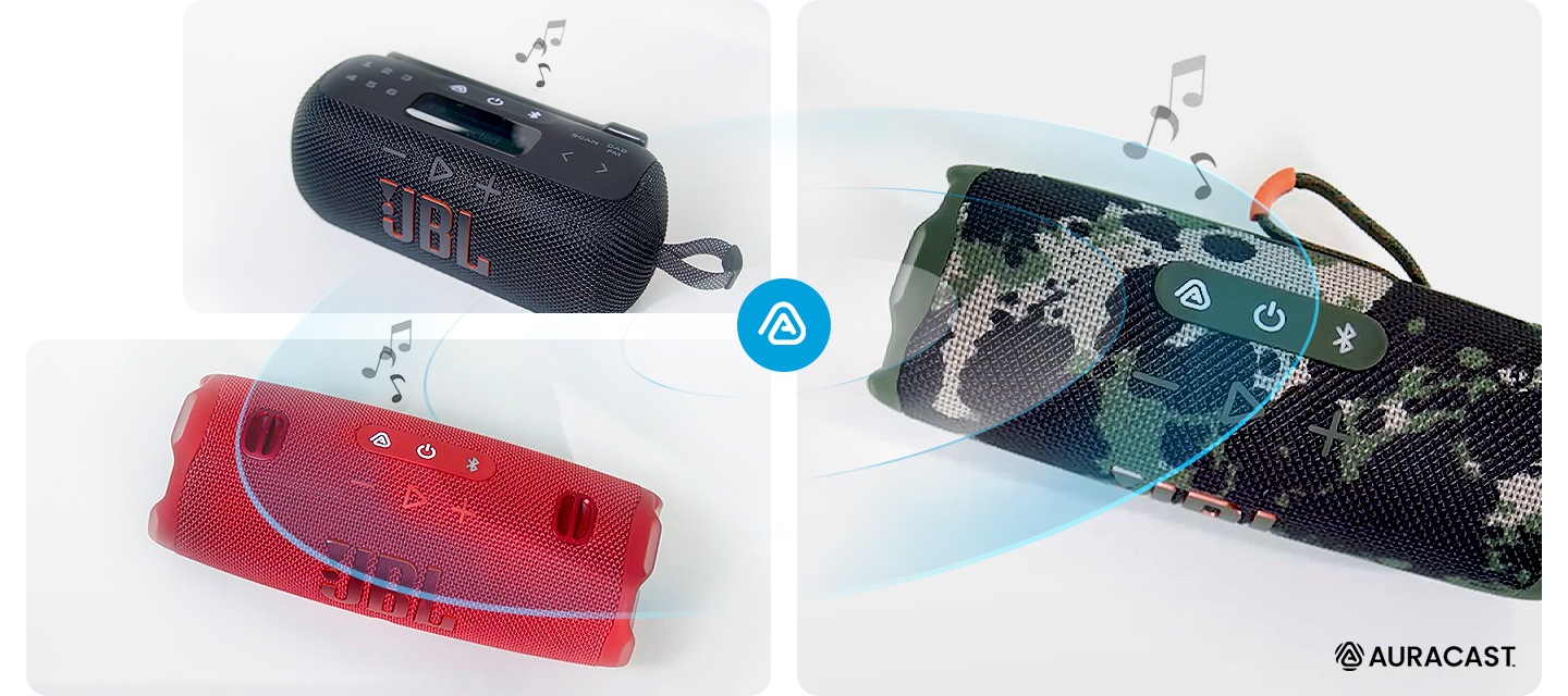 블랙 색상의 라디오 스피커와 레드 색상과 스피커와 스쿼드 색상의 JBL 스피커와 무선으로 연결된 모습을 표현하였습니다. 