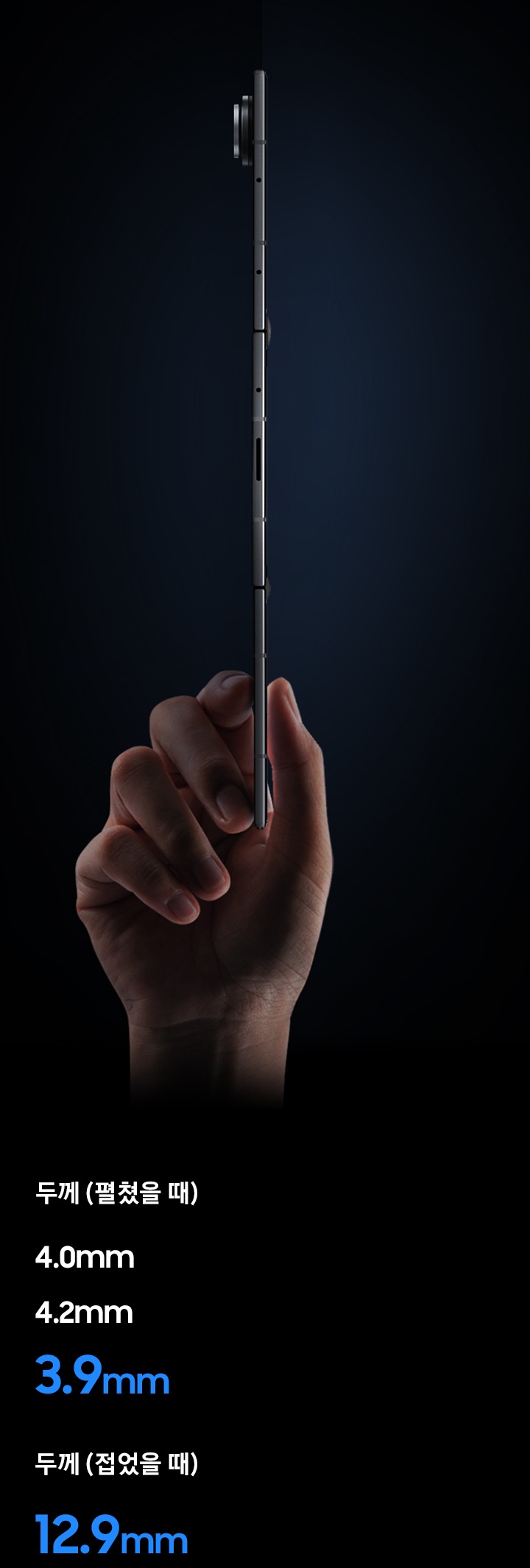 한 손이 펼쳐진 갤럭시 Z 트라이폴드의 가장자리를 잡고 있으며 얇은 디자인을 강조하기 위해 측면을 드러낸 모습입니다. 펼친 상태의 두께는 SIM 트레이가 있는 디스플레이는 3.9mm, 중앙 디스플레이는 4.2mm, 측면 버튼이 있는 디스플레이는 4.0mm입니다. 접힌 상태의 두께는 12.9mm입니다.