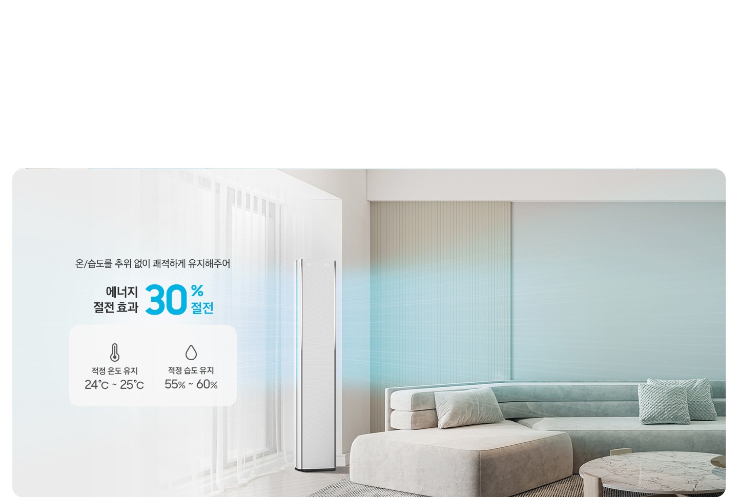 거실 내부 전경의 좌특엔 온/습도 추위 없이 쾌적하게 유지해주어 에너지 절전 효과 30% 절전 문구가 있고 하단에 온도계 아이콘과 함께 적정 온도 유지 24도 ~ 25도 좌측에 물방울 모양의 아이콘과 함께 적정 습도 유지 55%~ 60% 작성되어있으며 거실 전경의 전면부에  모서리 쪽에 스탠드 에어컨이 작동되어 있으며, 바람이 시원하게 나오는 듯한 형상을 하고 있습니다.
