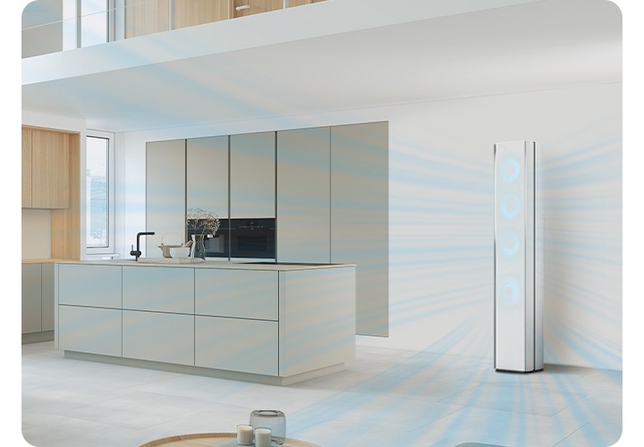 다이닝과 주방으로 보여지는 전경에 우측에 스탠드 에어컨이 작동되어 시원한게 바람이 나오는듯한 형상을 하고있고 에어컨 전면부의 서큘팬을 형상화 하는 듯한 하늘색의 원형이 이 바람모양 형상을 하듯 있습니다.