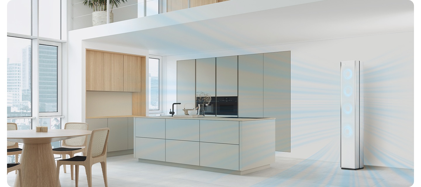 다이닝과 주방으로 보여지는 전경에 우측에 스탠드 에어컨이 작동되어 시원한게 바람이 나오는듯한 형상을 하고있고 에어컨 전면부의 서큘팬을 형상화 하는 듯한 하늘색의 원형이 이 바람모양 형상을 하듯 있습니다.