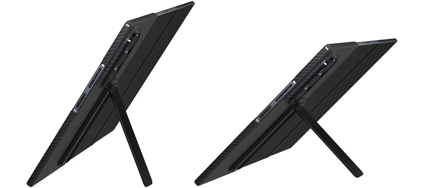 기기에 장착한 카본 스탠딩 케이스의 스탠드를 60도, 90도로 세운 이미지가 있습니다.