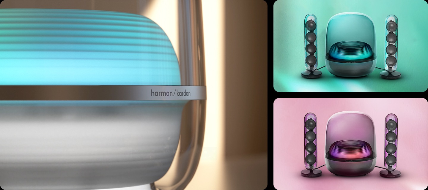 왼쪽에는 장식장 위에 흰색 스피커가 놓여 있으며, 스피커에는 분홍색 조명이 켜져 있습니다. 장식장에는 책들이 꽂혀 있습니다. 오른쪽 상단에는 초록색 배경에 검정색 스피커가 놓여 있으며, 스피커에는 녹색 조명이 켜져 있습니다. 오른쪽 하단에는 분홍색 배경에 검정색 스피커가 놓여 있으며, 스피커에는 분홍색 조명이 켜져 있습니다.