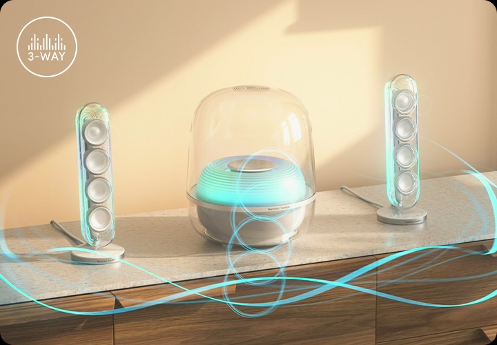 장식장 위에 흰색 스피커가 놓여 있으며, 스피커에는 푸른색 조명이 켜져 있습니다. 스피커에서는 푸른색 음향효과가 나오고 있습니다.