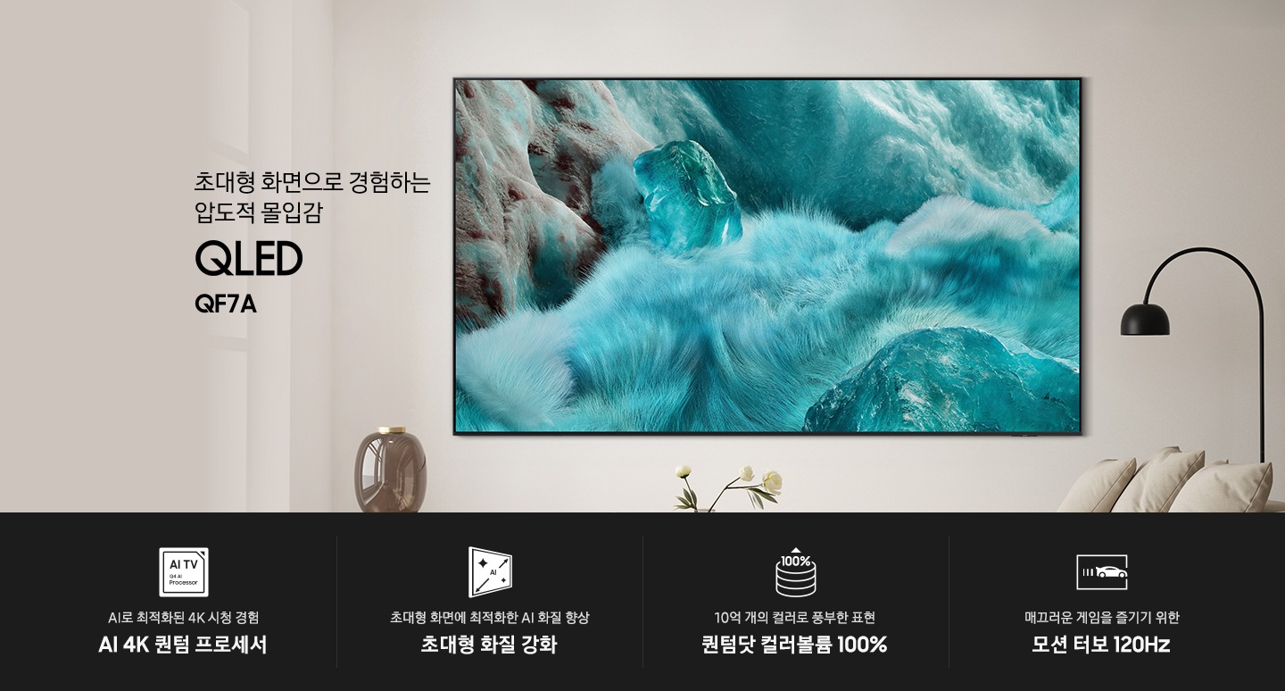 거실 벽에 TV가 설치되어 있습니다. TV 왼쪽으로 '초대형 화면으로 경험하는 압도적 몰입감 QLED QF7A' 문구가 기재되어 있습니다. 이미지 하단에는 'AI로 최적화된 4K 시청 경험 AI 4K 퀀텀 프로세서', '10억 개의 컬러로 풍부한 표현 퀀텀닷 컬러볼륨 100%', '10억 개의 컬러로 풍부한 표현 퀀텀닷 컬러볼륨 100%', '매끄러운 게임을 즐기기 위한 모션 터보 120Hz' 문구와 아이콘이 있습니다.
