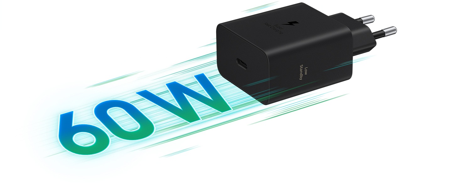 검정색 60W PD 충전기가 측면으로 배치되어 있습니다. 뒤쪽에는 녹색 빛의 움직임을 표현한 효과와 '60W' 문구가 함께 표시됩니다. 충전기 본체에는 'Super Fast Charging'과 'Low Standby'라는 문구가 나타납니다.