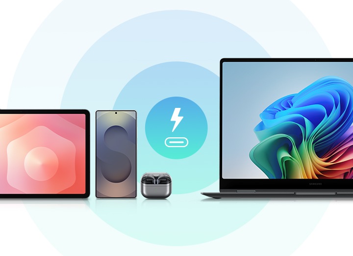 갤럭시 탭, 갤럭시 스마트폰, 갤럭시 버즈, 갤럭시 북이 나란히 배치되어 있습니다. 중앙에는 USB-C 포트 형태의 충전 아이콘이 표시되어 있습니다.