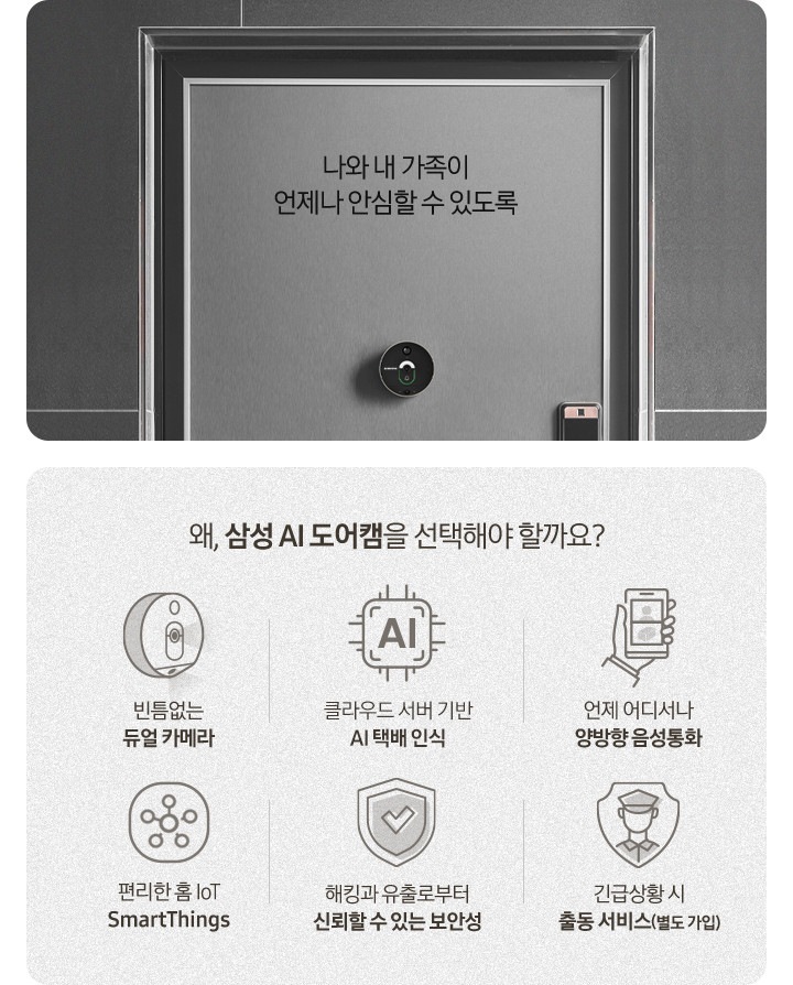 현관문에 삼성 AI 도어캠이 설치되어 있고 위에 '나와 내 가족이 언제나 안심할 수 있도록' 문구가 있습니다. 왜, 삼성 AI 도어캠을 선택해야 할까요? 빈틈없는 듀얼 카메라 문구와 아이콘, 클라우드 서버 AI 물체 인식 문구와 아이콘, 언제 어디서나 양방향 음성통화 문구와 아이콘, 편리한 홈 IoT SmartThings 문구와 아이콘, 해킹과 유출로부터 신뢰할 수 있는 보안성 문구와 아이콘, 긴급상황 시 출동 서비스(옵션) 문구와 아이콘이 나와있습니다.