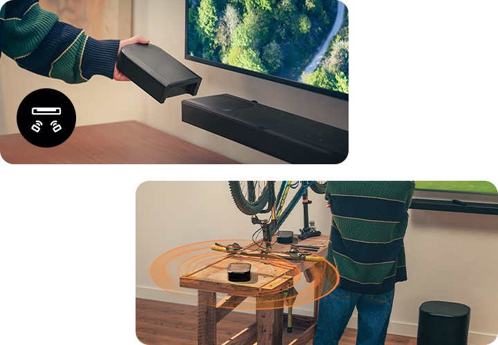 왼쪽 이미지는 벽에 설치된  사운드바에서 리어 스피커를 분리하고 있습니다. 오른쪽 이미지는 분리된 리어 스피커는 TV를 보고 있는 남성의 옆 테이블 위에 놓여 있습니다.