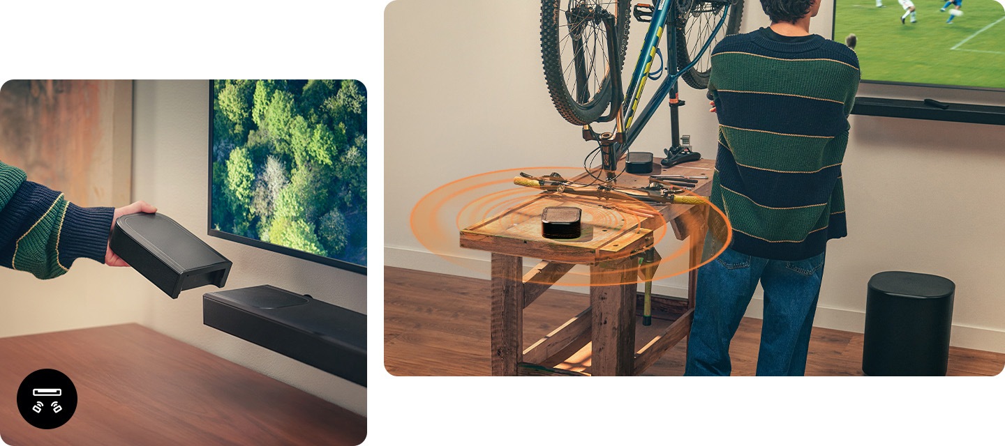 왼쪽 이미지는 벽에 설치된  사운드바에서 리어 스피커를 분리하고 있습니다. 오른쪽 이미지는 분리된 리어 스피커는 TV를 보고 있는 남성의 옆 테이블 위에 놓여 있습니다.