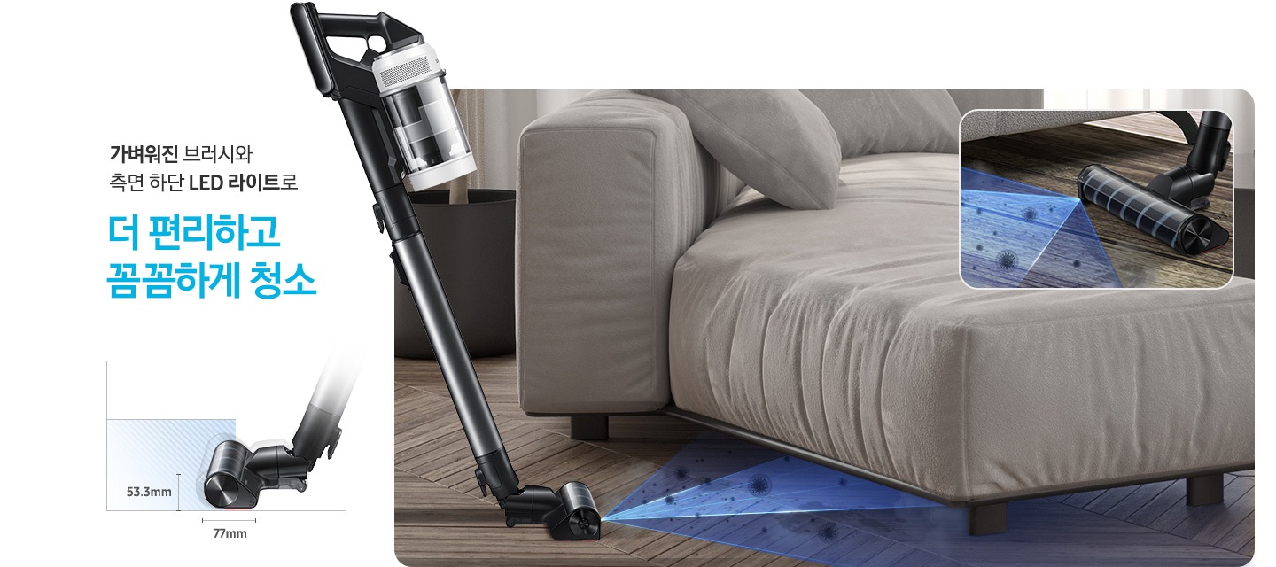이미지 왼쪽 부분에는 가벼워진 브러시와 측면 하단 LED 라이트로 더 편리하고 꼼꼼하게 청소가 쓰여 있고 텍스트 아래 부분에는 청소기의 브러시 부분의 크기를 나타내는 옆면 이미지가 보이고 높이는 53.3mm, 길이는 77mm로 적혀 있습니다. 이미지 오른쪽 부분에는 어두운 나무 바닥 위에 회색 색상의 소파가 배치되어 있고 소파 밑부분을 청소기의 LED 라이트를 사용하여 청소를 하고 있는 이미지가 보이고 있습니다. 이미지 오른쪽 상단 부분에는 청소기의 LED 라이트가 나오는 부분을 확대하여 보여주고 있는 이미지입니다.