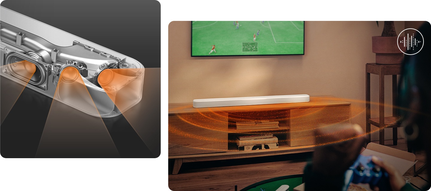 왼쪽 이미지는 화이트 색상의 사운드바 X-ray 이미지에서 음향효과가 나옵니다. 오른쪽 이미지는 벽에 TV가 설치되어 있으며, 화면에는 축구 게임이 화면이 송출되고 있습니다. TV 아래에는 장식장 놓여 있고, 그 위에는 화이트 색상의 사운드바가 놓여 있으며, 사운드바에서 음향효과가 나오고 있습니다.