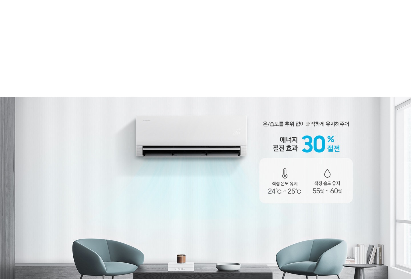 좌측에 벽걸이 한쪽이 확대되어잇고 그 아래 쉿 하는 이모티콘과 함께 25db 이하 저소음 문구가 있고 우측에 무풍홀이 확대되어 있으며 하단에 약 21,200r개 마이크로홀 문구가 있음