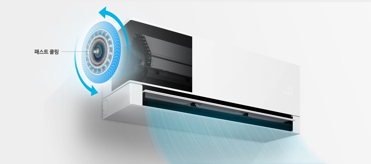 설치 되어 작동중인 벽걸이 에어컨의 내부위 서큘레이터 펜이 반만 조출되어 돌아가는 듯항 형상의 동그라미와 시계반대 방향의 화살표가 동그라미를 감싸고 있음 그 위로 패스트쿨링 문구가 있음, 벽걸이 에어컨의 블레이드에서 바람이 나오는듯한 형상