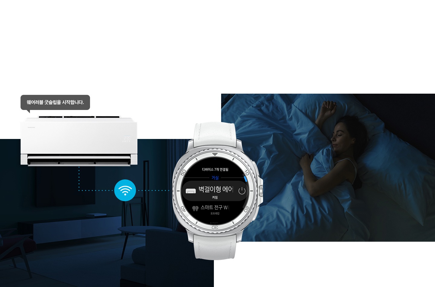 어두운 밤의 거실의 전경과 방안에 사람이 자고 있는 두개의 공간 가운데 갤럭시 워치가 있음 워치에는 스탠드형 에어컨 켜짐 ui가 있음 좌측 거실 공간에 크게 스탠드 에어컨 상단부가 있고 열대야 쾌면 모드를 시작합니다. 말풍선이 있음