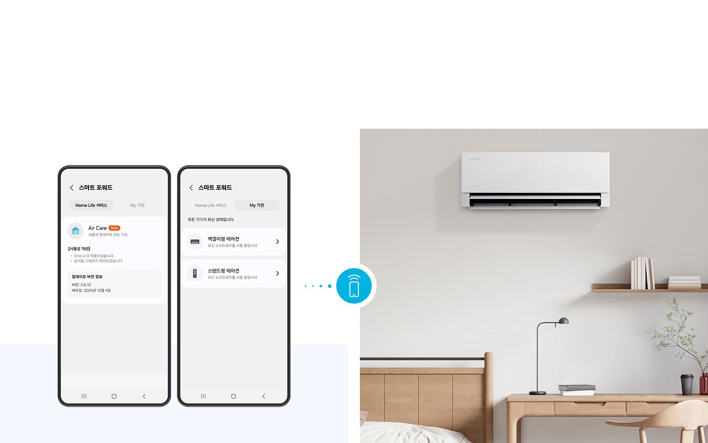 좌측에 두개의 휴대폰이 있고 좌측 부터 스마트 포워드 홈 라이브 서비스 ui, 스마트 포워드 my 가전 ui, 우측엔 다이닝 공간 가운데 스탠드 에어컨이 작동되고 있음