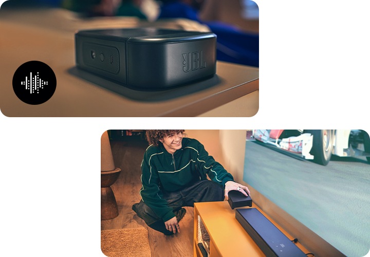 왼쪽 이미지는 소파 뒤 장식장 위에 분리된 리어스피커가 놓여 있습니다. 오른쪽 이미지는 TV 하단 장식장 위에 놓인 스피커에서 리어스피커를 분리하는 남성이 보입니다.