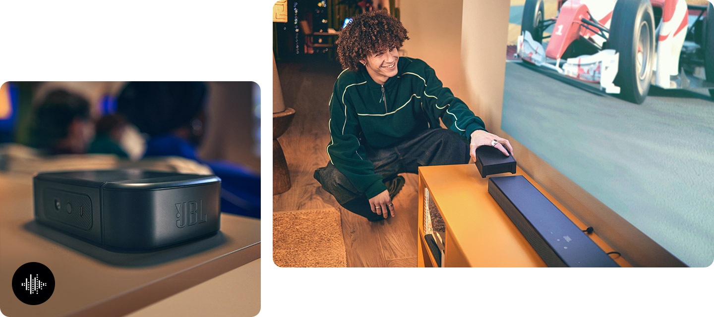 왼쪽 이미지는 소파 뒤 장식장 위에 분리된 리어스피커가 놓여 있습니다. 오른쪽 이미지는 TV 하단 장식장 위에 놓인 스피커에서 리어스피커를 분리하는 남성이 보입니다.