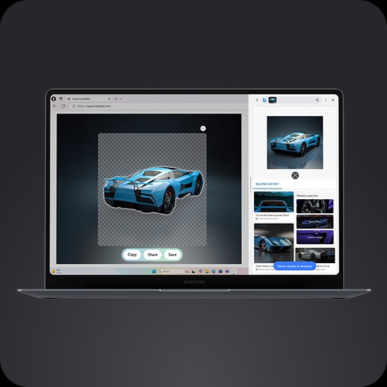 갤럭시 북6 프로에서 브라우저 페이지를 열고 AI 셀렉트를 사용해 차 이미지를 선택한 뒤, 배경은 제외하고 차 부분만 남깁니다. 차 이미지의 바로 아래에는 복사, 공유, 저장 버튼이 표시됩니다. 오른쪽에는 해당 이미지와 관련된 검색 결과가 나타납니다. 