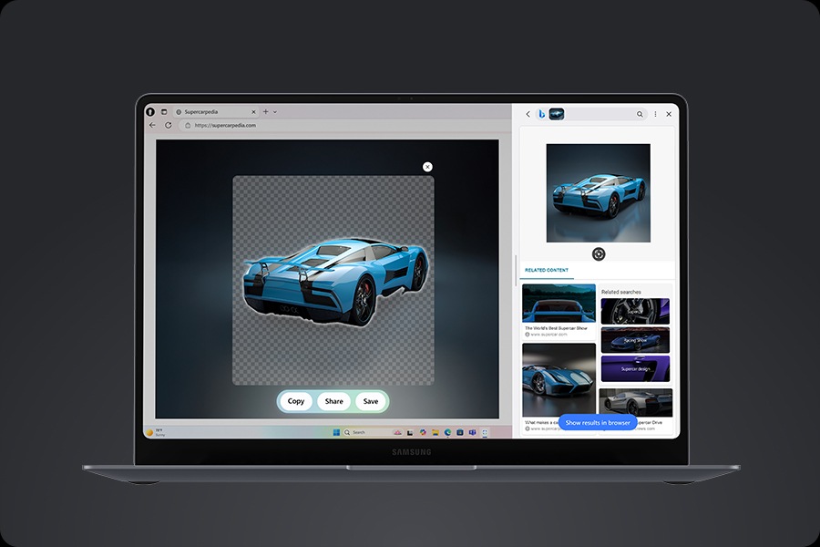 갤럭시 북6 프로에서 브라우저 페이지를 열고 AI 셀렉트를 사용해 차 이미지를 선택한 뒤, 배경은 제외하고 차 부분만 남깁니다. 차 이미지의 바로 아래에는 복사, 공유, 저장 버튼이 표시됩니다. 오른쪽에는 해당 이미지와 관련된 검색 결과가 나타납니다. 