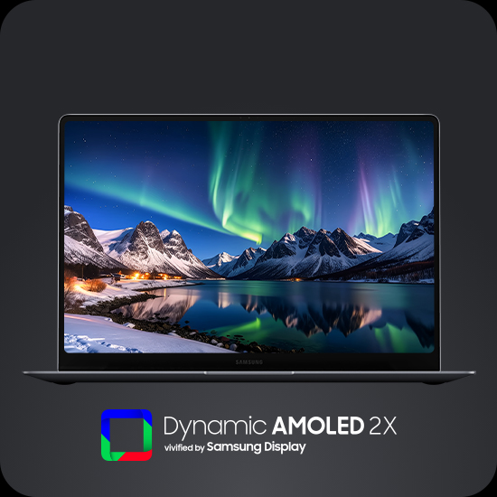갤럭시 북6 프로가 전면을 향해 펼쳐져 있습니다. Dynamic AMOLED 2X 디스플레이가 나타납니다. 화면 속 이미지는 밝고 생생한 색상과 깊은 블랙을 강조하여 보다 선명한 비주얼을 표현합니다. Dynamic AMOLED 2X 로고가 표시 됩니다.