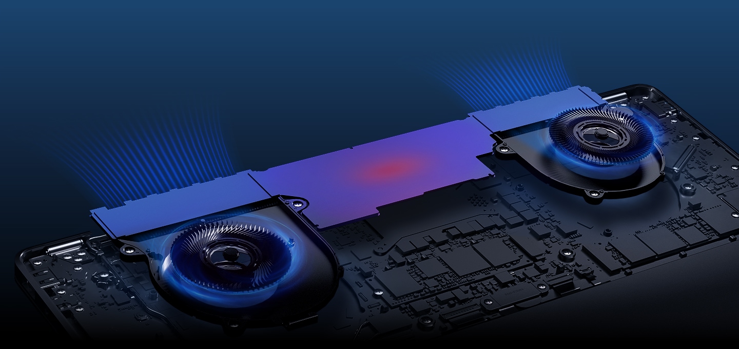 갤럭시 북6 프로 내부 냉각 시스템이 나타납니다. 더 넓어진 증기 챔버, 더 커진 방열 핀, 저소음 팬 설계가 특징입니다. 열이 빠져나가는 모습을 그래픽을 통해 시각적으로 나타내며 더욱 빠른 열 방출을 강조합니다.