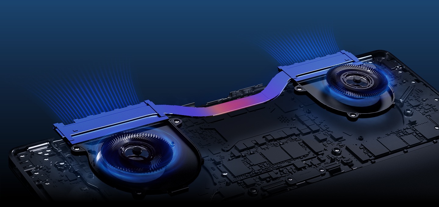 갤럭시 북6 프로의 내부 냉각 시스템은 히트 파이프, 더 커진 방열 핀, 저소음 팬 설계로 더욱 강력해 졌습니다. 열이 빠져나가는 모습을 그래픽 선을 통해 시각적으로 나타내며 더욱 빠른 열 방출을 강조합니다.