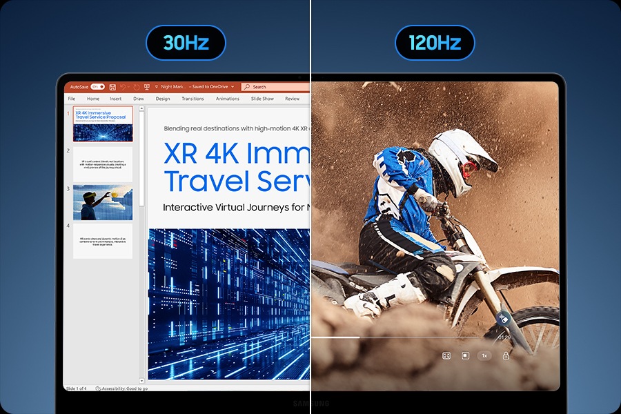 갤럭시 북6 프로의 디스플레이가 좌우로 나뉘어 있습니다. 왼쪽 이미지에는 낮고 효율적인 속도의 30Hz 문구와 함께 파워포인트 슬라이드 장면이 표시됩니다. 오른쪽 이미지에는 120Hz 문구와 함께 뿌연 배경 속 오토바이 운전자의 영상이 재생되며, 공기 중에 떠도는 먼지의 부드럽고 유연한 움직임이 강조됩니다.