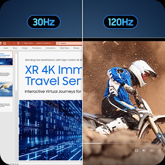 갤럭시 북6 프로의 디스플레이가 좌우로 나뉘어 있습니다. 왼쪽 이미지에는 낮고 효율적인 속도의 30Hz 문구와 함께 파워포인트 슬라이드 장면이 표시됩니다. 오른쪽 이미지에는 120Hz 문구와 함께 뿌연 배경 속 오토바이 운전자의 영상이 재생되며, 공기 중에 떠도는 먼지의 부드럽고 유연한 움직임이 강조됩니다.