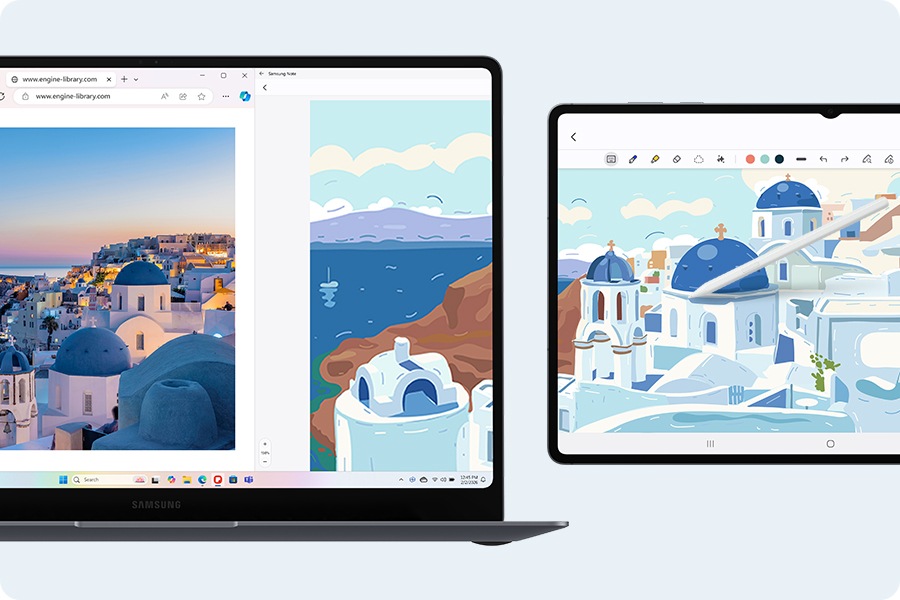 갤럭시 북6 프로 화면에 웹 페이지와 삼성 노트 앱이 나란히 열려있습니다. 웹 페이지에는 사진 이미지가 표시되고, 삼성 노트 앱에는 사진에 영감을 받은 듯한 그림 이미지가 표시됩니다. 그림 이미지는 바로 옆에 놓인 가로 모드의 갤럭시 탭 S11에 디스플레이 확장을 통해 마치 하나의 그림인듯 연결되어 나타납니다. 이 설정은 세컨드 스크린을 이용한 듀얼 모니터 경험을 강조합니다.