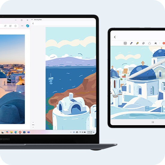 갤럭시 북6 프로 화면에 웹 페이지와 삼성 노트 앱이 나란히 열려있습니다. 웹 페이지에는 사진 이미지가 표시되고, 삼성 노트 앱에는 사진에 영감을 받은 듯한 그림 이미지가 표시됩니다. 그림 이미지는 바로 옆에 놓인 가로 모드의 갤럭시 탭 S11에 디스플레이 확장을 통해 마치 하나의 그림인듯 연결되어 나타납니다. 이 설정은 세컨드 스크린을 이용한 듀얼 모니터 경험을 강조합니다.