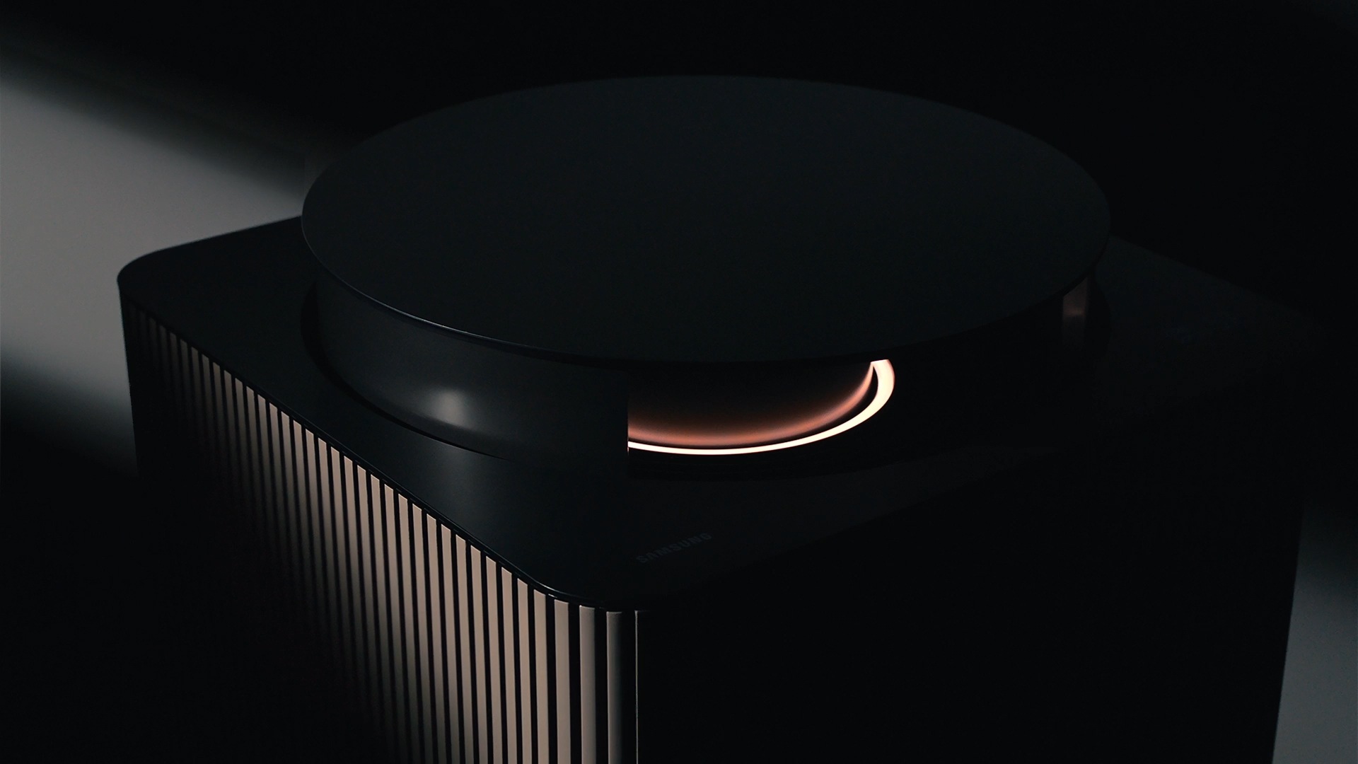 Infinite AI 공기청정기의 상단 부분의 실루엣을 빛을 이용하여 세련된 디자인과 디자인 컨셉을 영상으로 표현하고 있습니다.