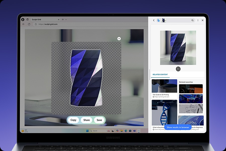 갤럭시 북6 울트라 화면에 브라우저 페이지가 열려 있습니다. Galaxy AI 셀렉트를 사용해 잘라낸 이미지가 강조되어 있습니다. 그 아래로 복사, 공유, 저장 버튼이 있고 오른쪽에는 관련된 이미지 결과가 표시됩니다.