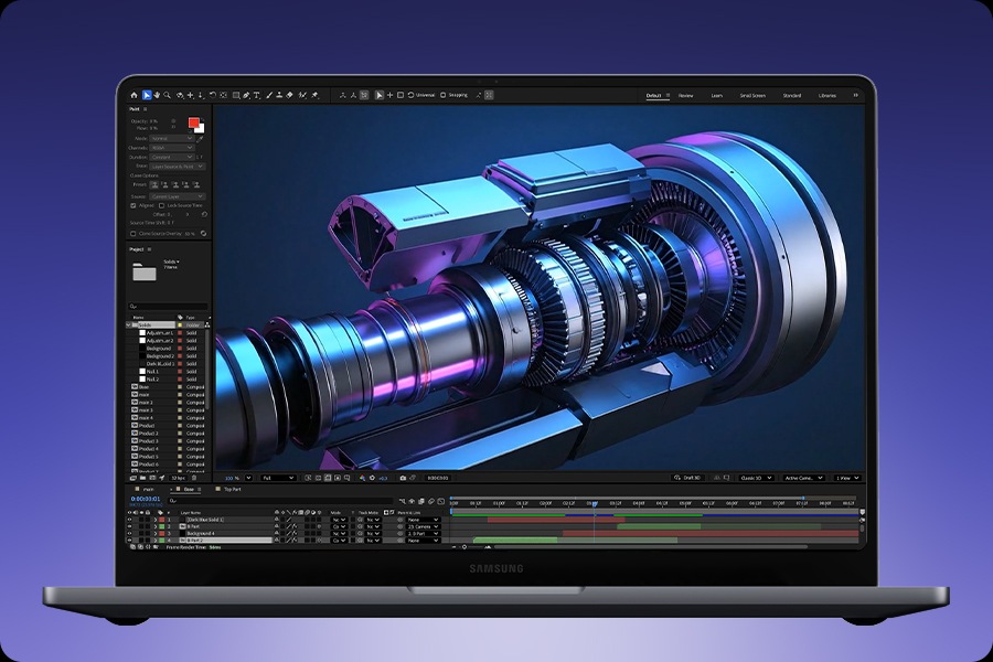 갤럭시 북6 울트라가 앞을 향해 열려 있습니다. 어도비 애프터 이펙트 프로그램이 실행되어 있고 복잡한 내부 부품의 기술을 설명하기 위해 고해상도로 표현하는 모습을 표시하고 있습니다.