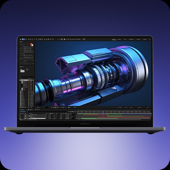 갤럭시 북6 울트라가 앞을 향해 열려 있습니다. 어도비 애프터 이펙트 프로그램이 실행되어 있고 복잡한 내부 부품의 기술을 설명하기 위해 고해상도로 표현하는 모습을 표시하고 있습니다.