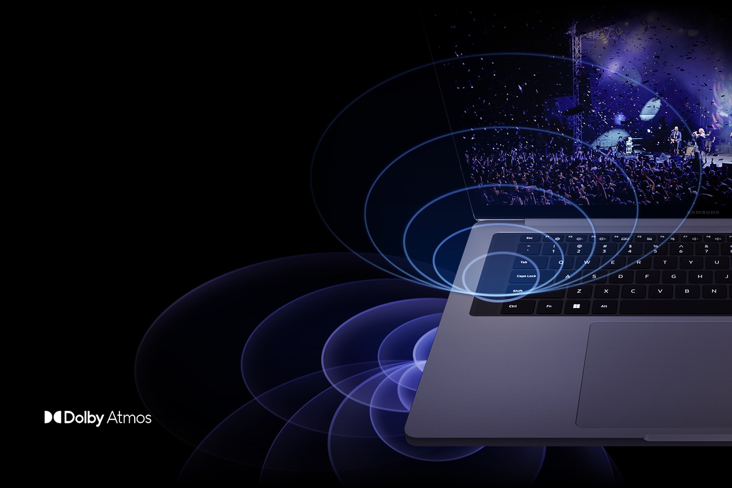 갤럭시 북6 울트라가 전면을 향해 열려 있고 키보드 영역과 콘서트를 즐기는 관객의 모습이 있는 영상이 화면에 있습니다. 일러스트로 표현된 음파가 키보드 옆면에서 흘러나오고 있습니다. 돌비 애트모스 로고가 있습니다.