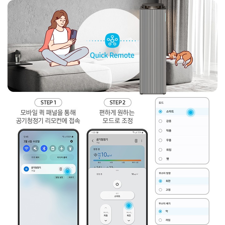 왼쪽에는 그레이톤 인테리어의 거실을 배경으로 연한 회색의 패브릭 소파 위에는 분홍색 카디건을 어깨에 걸치고 핸드폰을 보고 있는 여성의 그림이 그려져 있습니다. 여성과 조금 떨어진 거리에 Infinite AI 공기청정기가 정면을 바라보며 서 있고 여성과 공기청정기 사이 흰색 원 안에는 파란색 점으로 연결된 스마스 싱스 로고가 있습니다. 로고 하단에는 Quick Remote 라는 문구가 쓰여있습니다. 공기청정기 오른쪽 소파 끝부분에는 갈색 고양이 가 누워있는 그림이 그려져 있습니다. 오른쪽에는 Quick Remote 기능을 순서에 맞추어 설명하고 있는 핸드폰 화면이 있습니다. step1. 모바일 퀵 패널을 통해 공기청정기 리모컨에 접속. 문구 아래에는 퀵 패널을 통해 공기청정기에 접속할 수 있는 핸드폰 화면이 놓여 있습니다. step2. 편하게 원하는 모드로 조정. 문구 아래에는 퀵 패널을 통해 공기청정기로 접속 후 공기청정기 모드를 변환할 수 있는 핸드폰 화면이 놓여 있고, 마지막으로 변경 가능한 모드, 부스터 방향, 부스터 세기가 나열된 알림 창 화면이 오른쪽에 위에서 아래로 나열되어 있습니다.