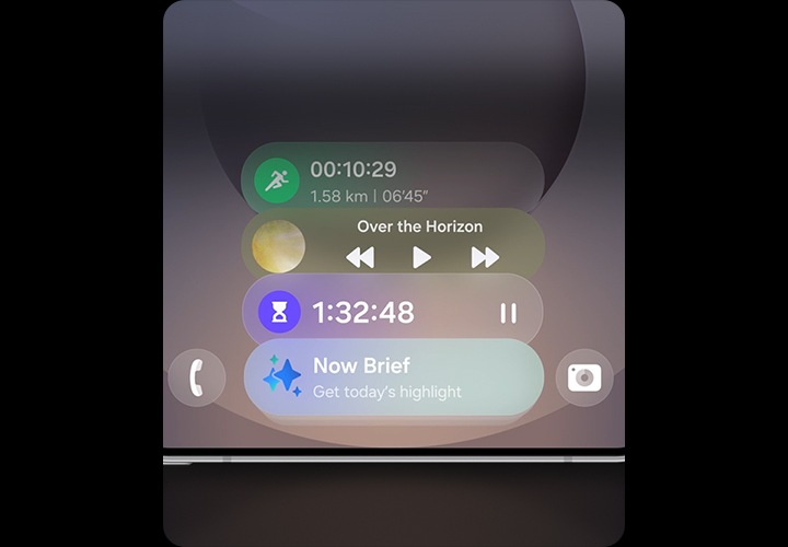 완전히 새로워진 Now Bar에서 매일 Now Brief 알림을 받거나 타이머를 설정하고, 음악을 실행해 보세요.