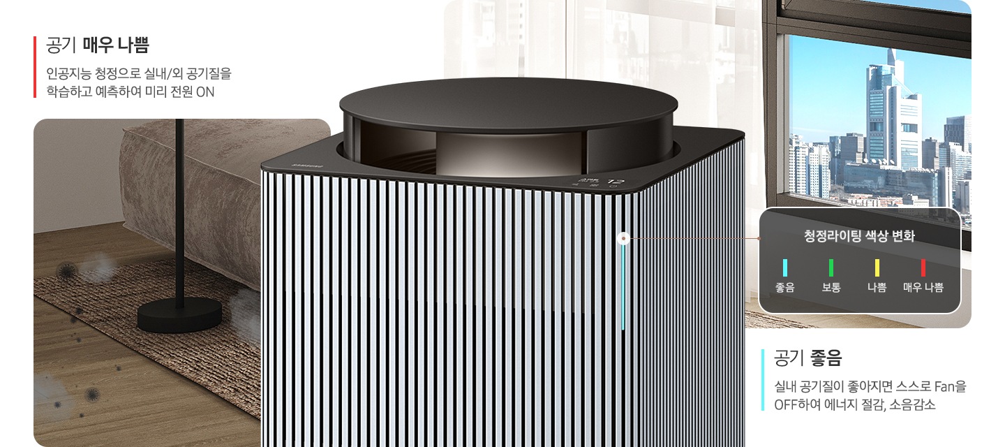 이미지 중앙에 Infinite AI 공기청정기 우측면 상단 3분의 2 정도가 확대 되어 놓여있고, 공기청정기 왼쪽으로는 바닥에 먼지와 세균이 보이는 오염된 거실 한편을 보여주고 있습니다. 이미지 위에는 빨간색 막대 옆에 공기 매우 나쁨, 인공지능 청정으로 실내/외 공기질을 학습하고 예측하여 미리 전원 ON이라는 문구가 적혀 있습니다. 공기청정기 오른쪽에는 시스루 커튼이 쳐진 창문이 있고 커튼이 없는 부분의 창문 밖으로는 맑은 하늘과 초록 나무가 보이는 도시 전경을 표현하고 있습니다. 이미지 하단에는 파란색 막대 옆에 공기 좋은, 실내 공기질이 좋아지면 스스로 Fan OFF 하여 에너지 절감, 소음 감소라는 문구가 적혀 있습니다. 공기청정기 우측면 청정 라이팅 부분은 파란색으로 빛나는 상태로 라이팅 부분과 이어진 사각 박스 안에는 청정 라이팅 색상 변화에 대한 안내가 있습니다. 파란색 막대 좋음, 초록색 막대 보통, 노란색 막대 나쁨, 빨간색 막대 나쁨으로 단계가 나뉘어 보입니다.