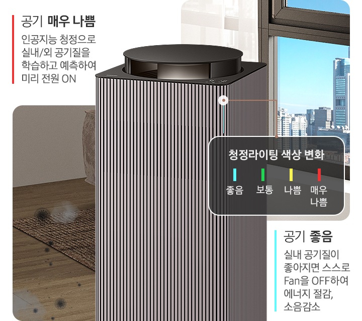 이미지 중앙에 Infinite AI 공기청정기 우측면 상단 3분의 2 정도가 확대 되어 놓여있고, 공기청정기 왼쪽으로는 바닥에 먼지와 세균이 보이는 오염된 거실 한편을 보여주고 있습니다. 이미지 위에는 빨간색 막대 옆에 공기 매우 나쁨, 인공지능 청정으로 실내/외 공기질을 학습하고 예측하여 미리 전원 ON이라는 문구가 적혀 있습니다. 공기청정기 오른쪽에는 시스루 커튼이 쳐진 창문이 있고 커튼이 없는 부분의 창문 밖으로는 맑은 하늘과 초록 나무가 보이는 도시 전경을 표현하고 있습니다. 이미지 하단에는 파란색 막대 옆에 공기 좋은, 실내 공기질이 좋아지면 스스로 Fan OFF 하여 에너지 절감, 소음 감소라는 문구가 적혀 있습니다. 공기청정기 우측면 청정 라이팅 부분은 파란색으로 빛나는 상태로 라이팅 부분과 이어진 사각 박스 안에는 청정 라이팅 색상 변화에 대한 안내가 있습니다. 파란색 막대 좋음, 초록색 막대 보통, 노란색 막대 나쁨, 빨간색 막대 나쁨으로 단계가 나뉘어 보입니다.